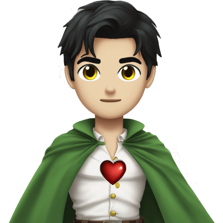 captain levi attack on titans emo black hair holding a cute heart wearing a white button down shirt and a green cape emoji