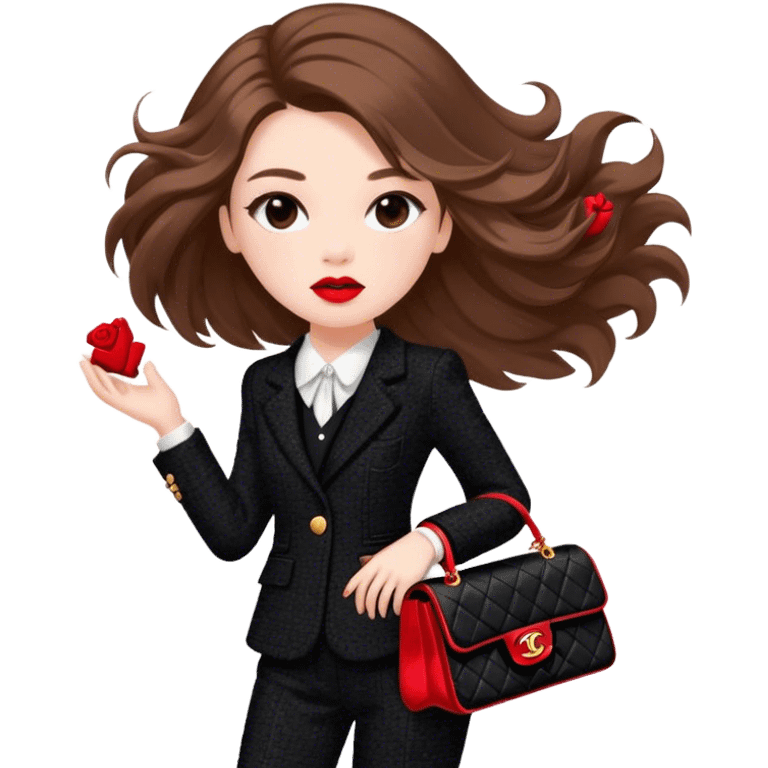 White girl with brown long hair dressed up in black chanel tweed suit with a red chanel bag and red lipstick. Close up with wind blowing her hair looking fancy emoji