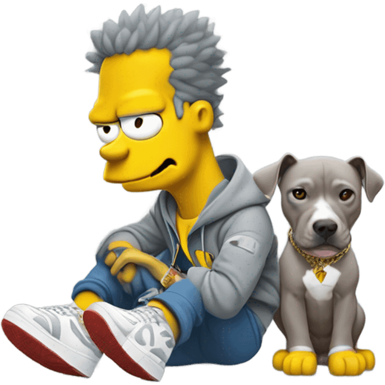 Bart Simpson wearing a gray Nike set with Jordan 4 and a pit bull sitting on the left of him emoji