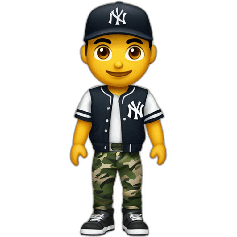 Crea un muchacho rockero, con pantalón camuflageado y una playera negra de NY yankees, con cabello rizado, brazos tatuados y un letrero que diga tichobboy emoji