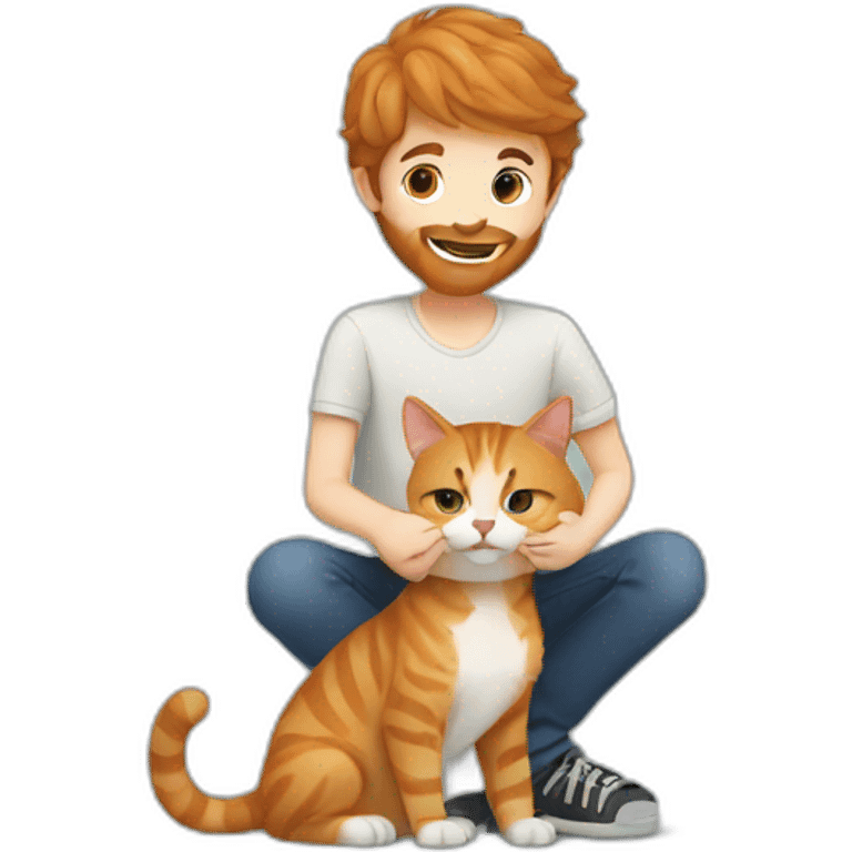 Boy with brown hair and beard playing with ginger cat emoji