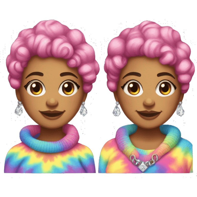 Plus size black woman with pink curly pixie cut hair and a rainbow tie dye sweater , and diamond stud earrings  emoji