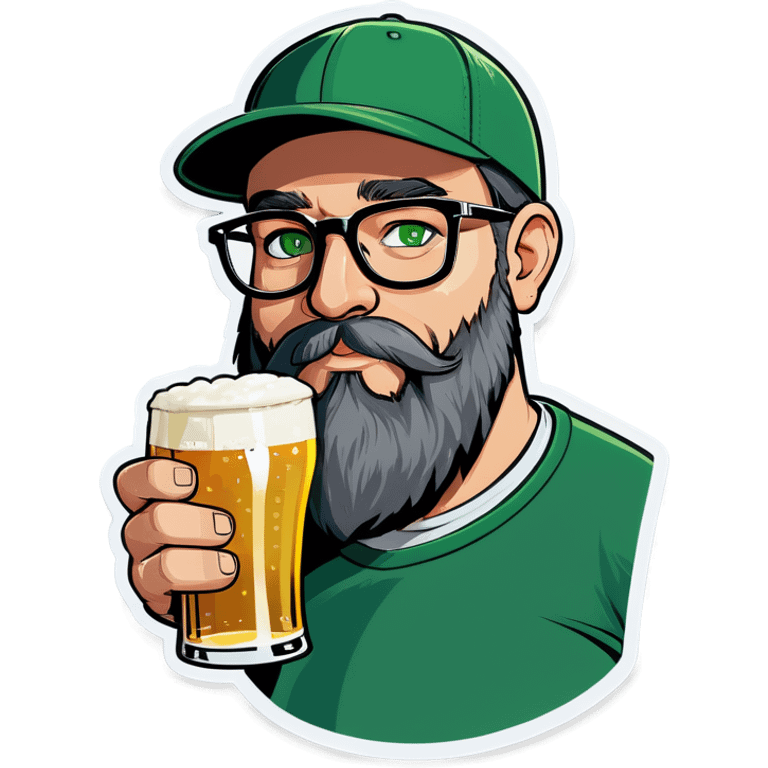 A bold man with a grey baseball cap, green eyes, big beard and glasses, drinking beer emoji