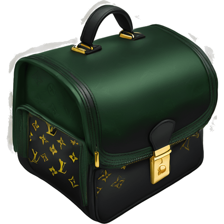 Black Designer Louis Vuitton bag with dark green monogram and dark green trim and gold details emoji