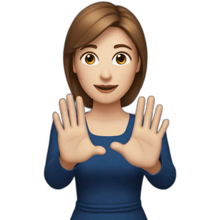 A white woman with brown hair, with long earrings and dark blue dress and making a heart symbol with her hands emoji