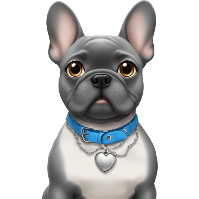 A grey frenchie with a name collar that says Chata and with blue eyes ￼ emoji