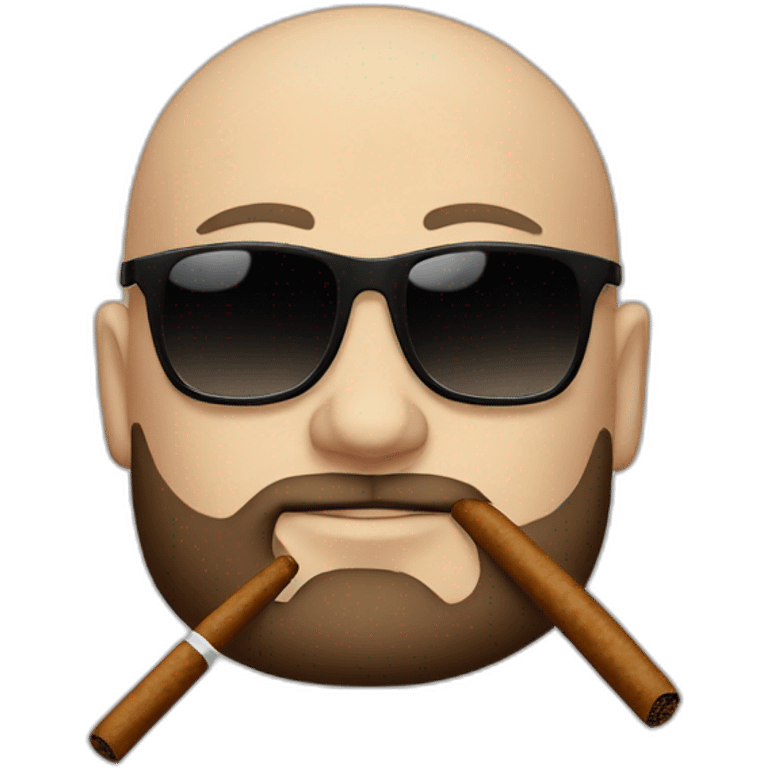 Andrew Tate, bald, small beard and sunglasses, smoking a tobacco cigar, Andrew Tate's appearance is serious emoji