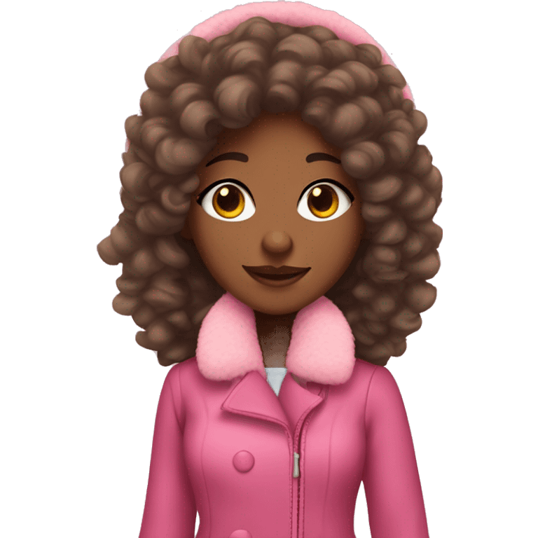 Pretty brown skin girl with earmuffs and long curly hair with pink fur collar coat  emoji