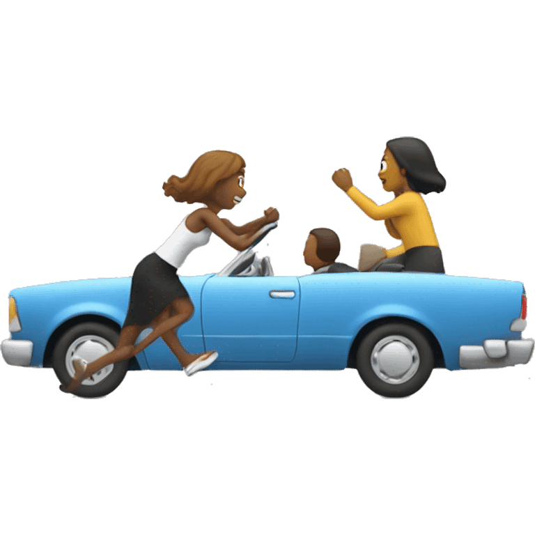 Woman in a car chasing a man outside running emoji