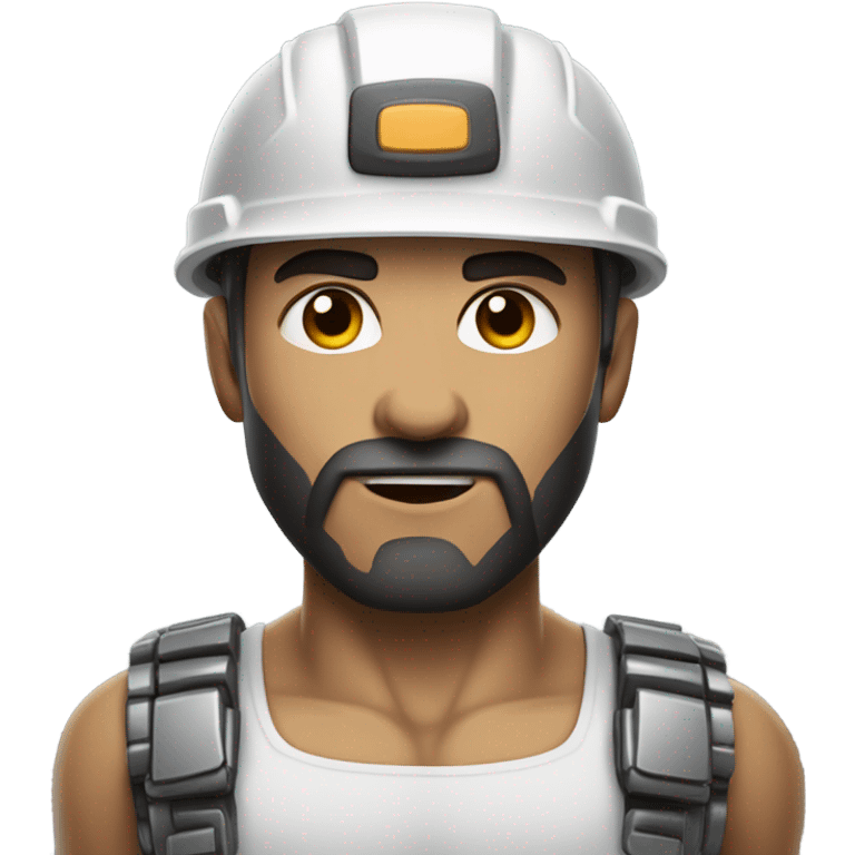 muscular cyborg face half human with short straight, dark hair, hardhat, and a neatly trimmed beard emoji