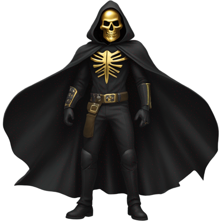 Bounty Hunter Boss with black cape and a half of gold skull mask from death Stranding, full body view emoji