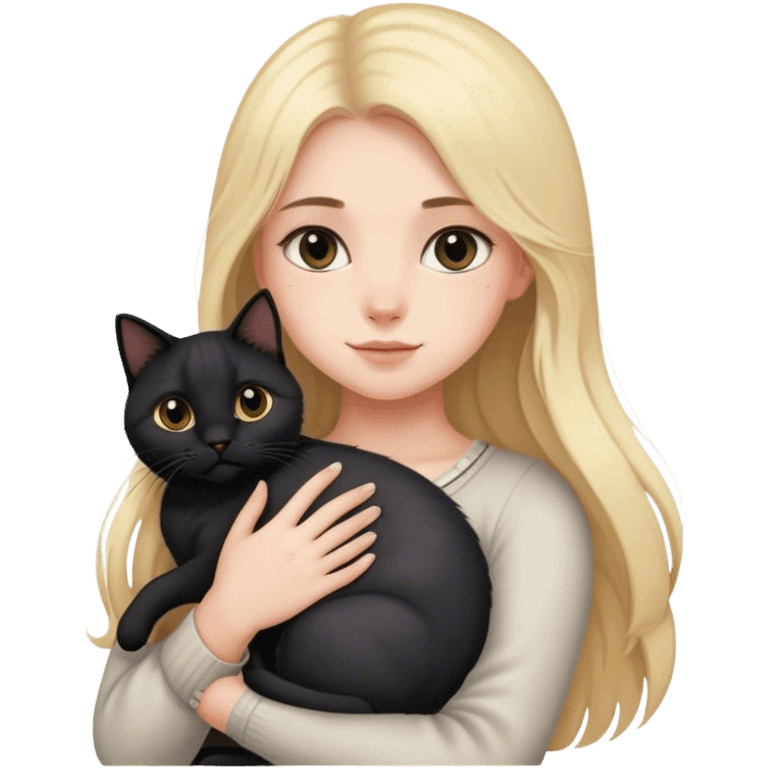 
girl with light long hair and fair skin holds a black British cat in her arms emoji