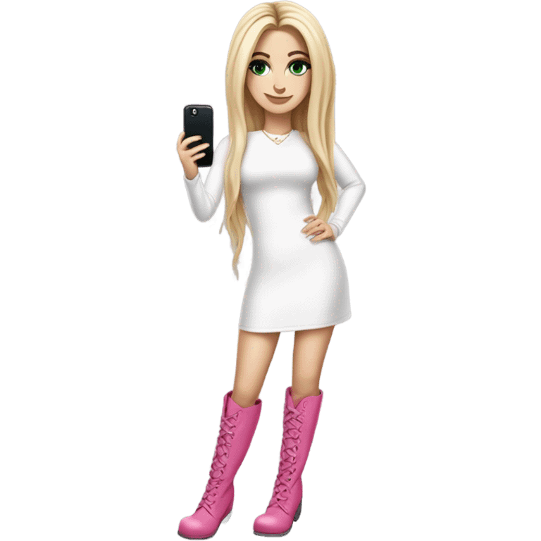 Realistic White girl with Long straight blonde hair, green eyes, tattoos, full body wearing white dress and pink knee-high leather boots, doing cute selfie pose emoji