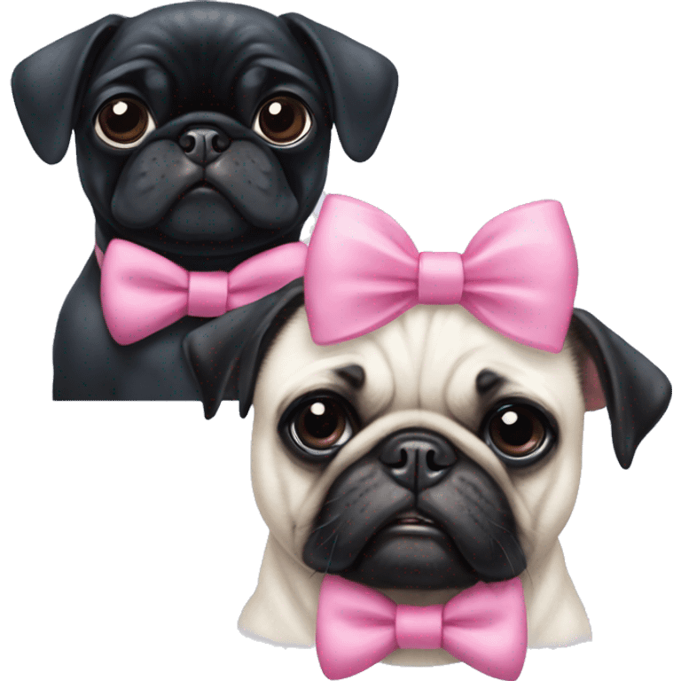 Black pug wearing a pink bow on head with a fully white pug with white ears wearing a blue bow tie emoji