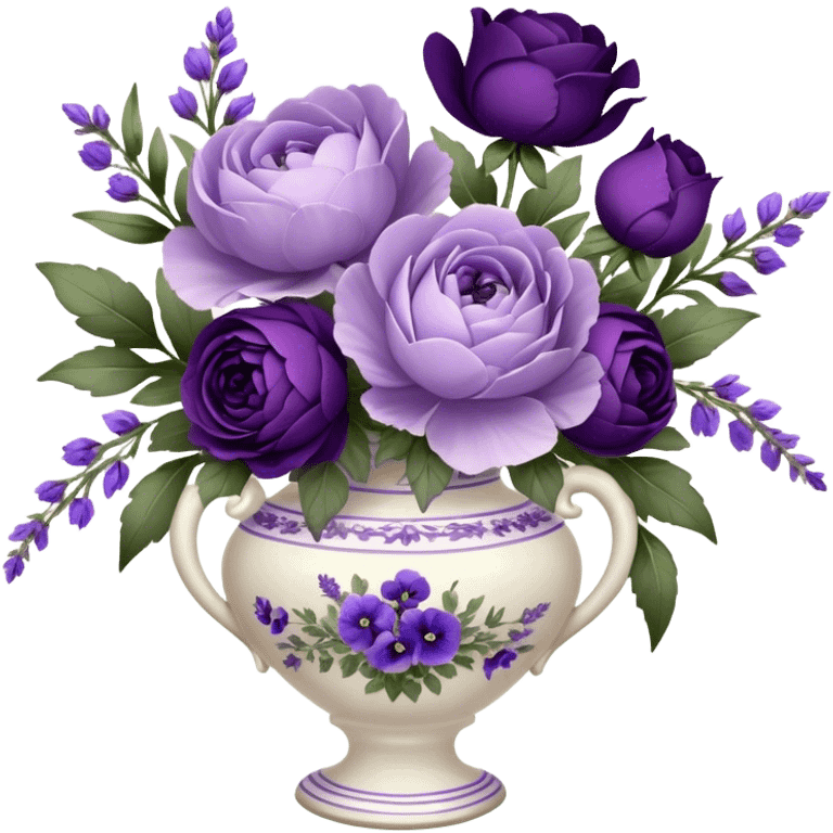 A dainty porcelain vase, hand-painted with delicate lavender pansies and deep purple roses, holds an elegant bouquet of amethyst-hued peonies, fragrant sprigs of wild lavender, and trailing silk ribbons, with a tiny heart-shaped charm dangling from its neck, swaying gently in the evening breeze.
 emoji