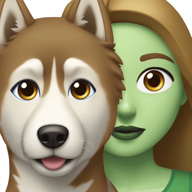 Brown hair  woman with blue eyes with a golden Husky with green eyes emoji