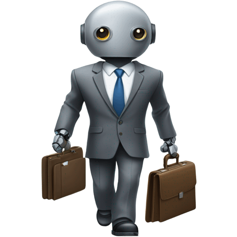 Robot with a business suit and briefcase walking into work with message “living the dream” emoji