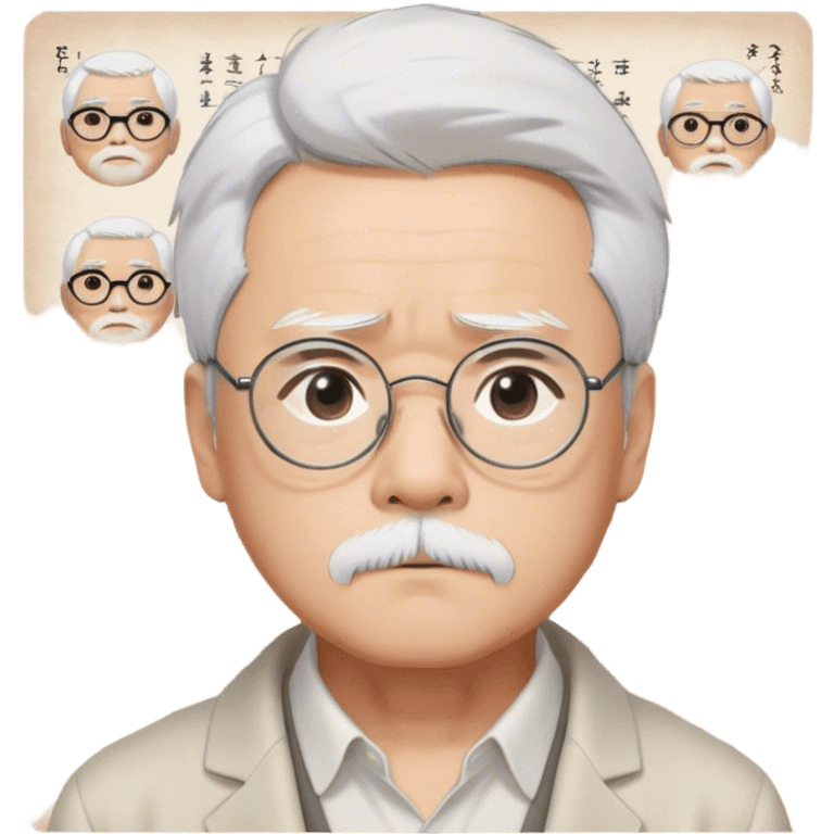 ​Cinematic Realistic Portrait of Hayao Miyazaki, depicted with striking white hair, defined black eyebrows, and large rectangular glasses, his thoughtful expression rendered in lifelike detail against a background of whimsical Studio Ghibli-inspired sketches, illuminated with soft, realistic lighting that emphasizes his creative genius, emoji