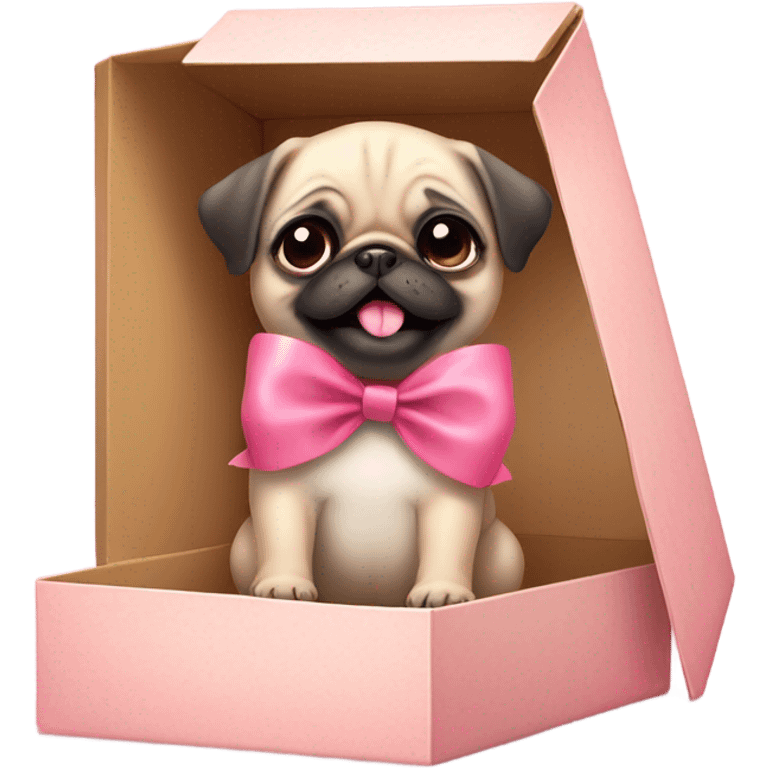 Baby pug with big pink
eyes wearing a pink bow above 1 ear sitting in a gift box  laughing  emoji