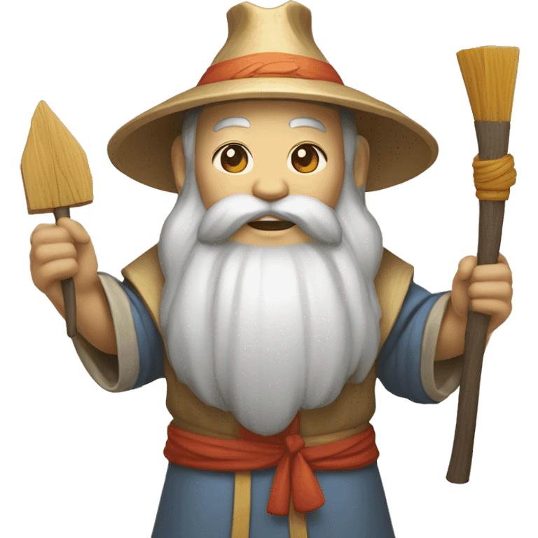 Lu Ban is a legendary figure in Chinese mythology, depicted as a clever craftsman often wearing wide robes, a broad-brimmed hat, and carrying woodworking tools. 🛠️🎩👕 emoji