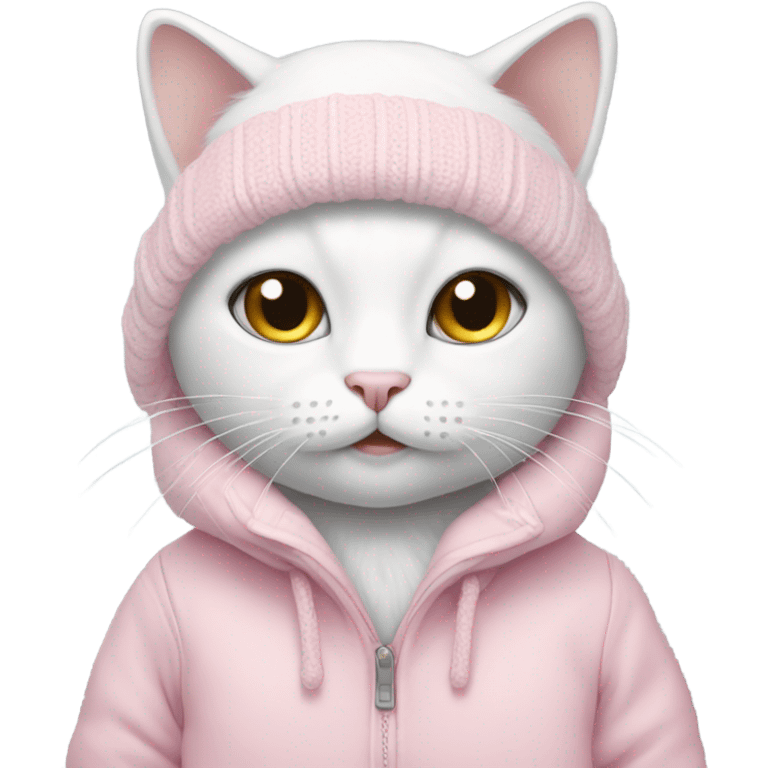 white cat using pastel pink winter clothes emoji