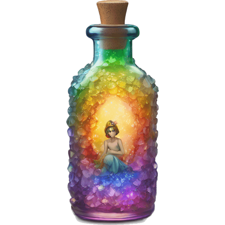 Antique oil bottle made of crystal glass of all delicate colors of the rainbow, a living flower fairy sits at the bottom of the bottle emoji