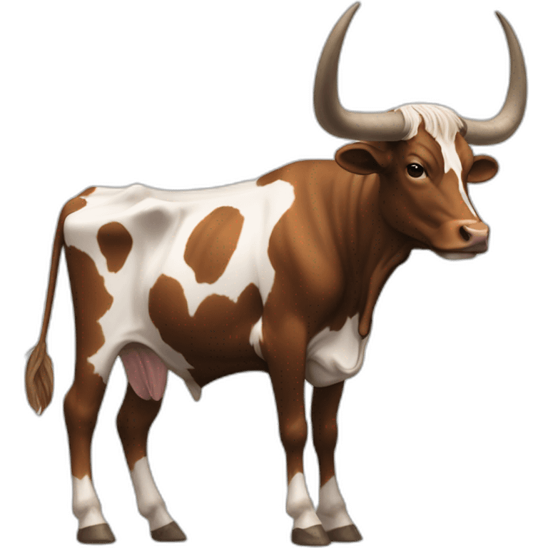 lONGHORN COW, FULL BODY, EXTREMELY LONG HORNS THAT SWOOP DOWN, BRINDLE COLOR, 3/4 PROFILE emoji