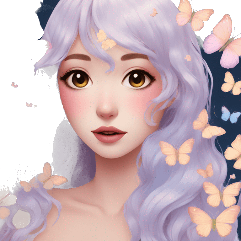 Gorgeous Pastel Anime-Style Lady With Butterflies on face aesthetic trending style emoji