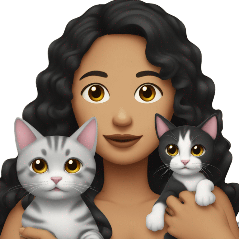 A pregnant woman with black wavy hair and her two cats next to her emoji