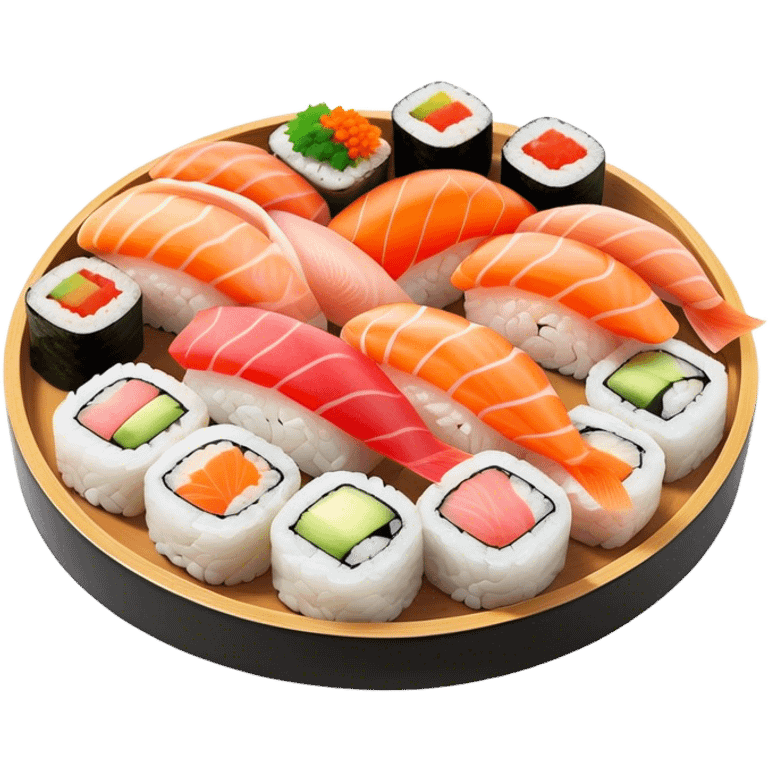 Cinematic Realistic Sushi Dish Emoji, depicted as an artful arrangement of fresh sushi with vibrant colors rendered with lifelike textures and delicate, natural lighting. emoji