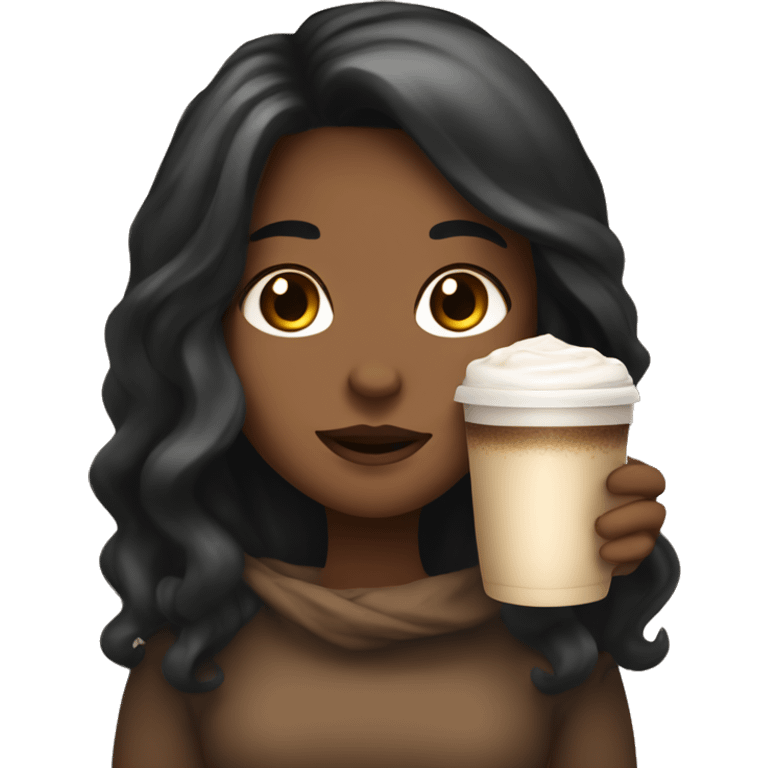 Tan girl with black long hair and a hot chocolate emoji