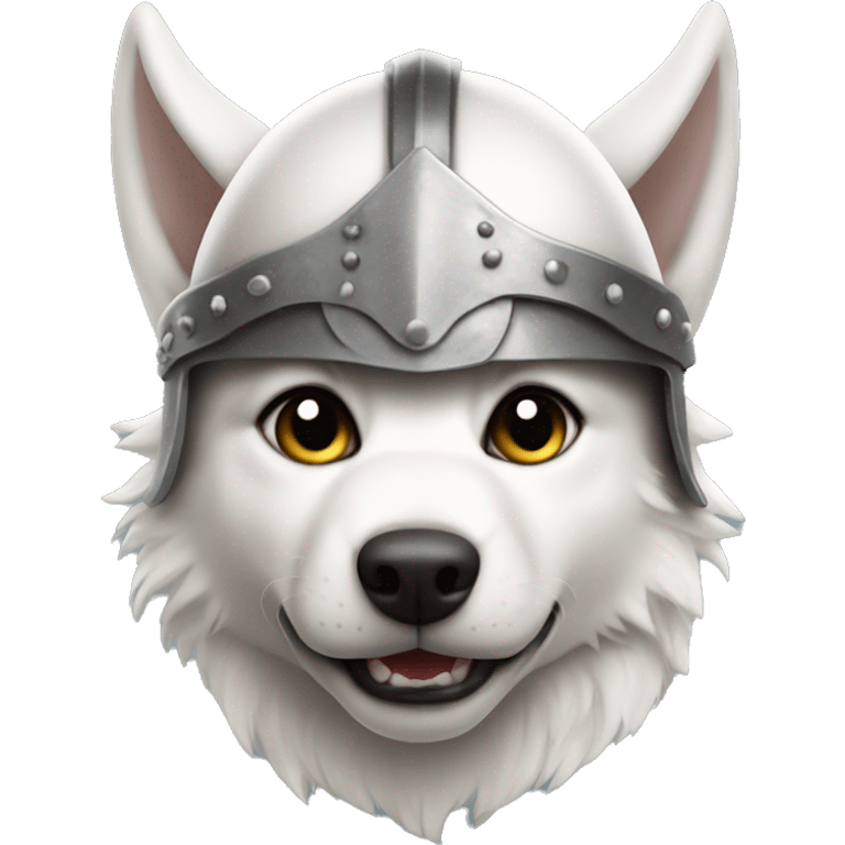 White wolf puppy wearing a viking helmet emoji