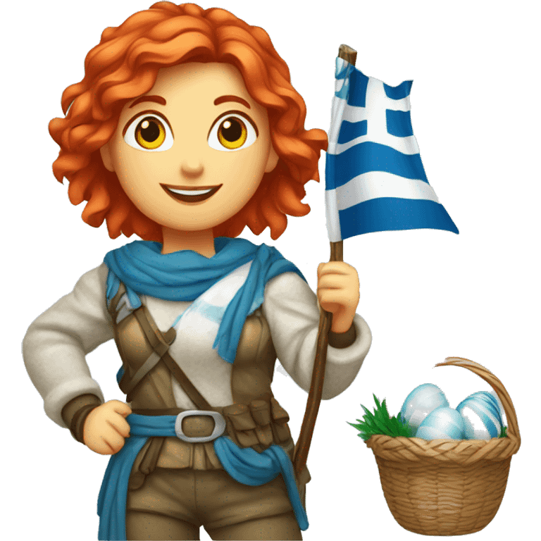 red hair female winter mountaineer with Greek flag and easter basket emoji