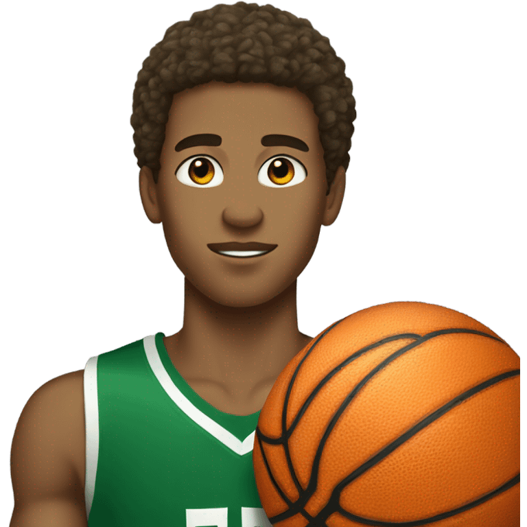 Afro light-skinned muscular male teenager in a green basketball uniform holding a basketball.  emoji