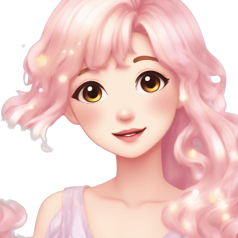 Gorgeous anime style lady blushing face dreamy idol model colorful shiny sparkle kawaii pastelcore cottagecore pearly petite simplistic aesthetic trending style emoji