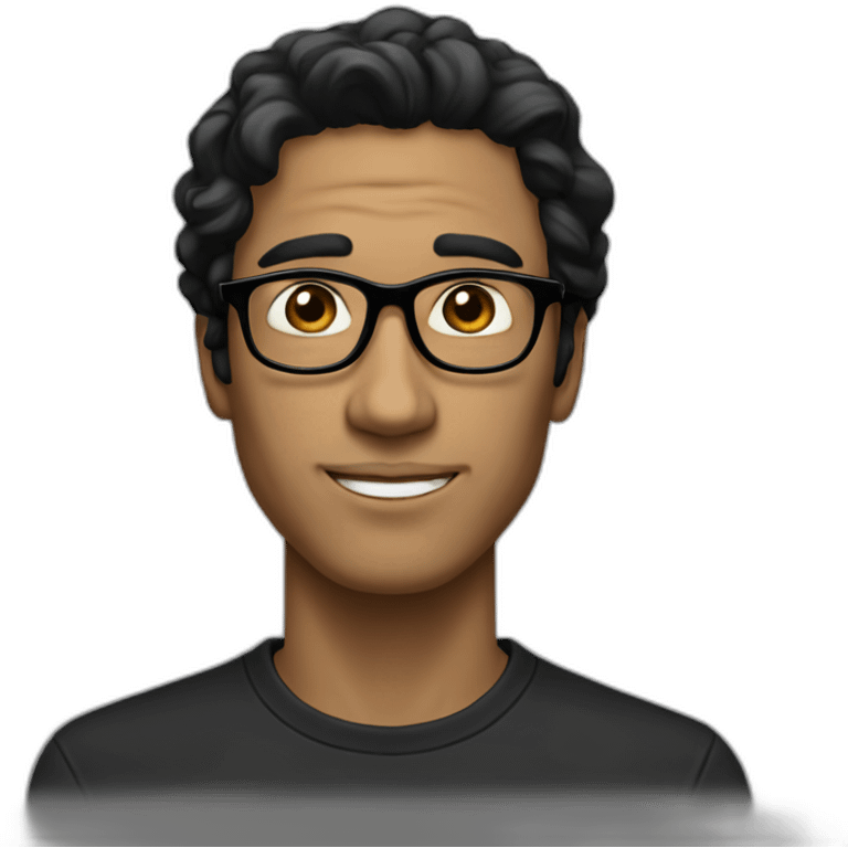 Beige guy, black eyes, black long wavy hair, no facial hair, thin long nose, round glasses, black t shirt emoji