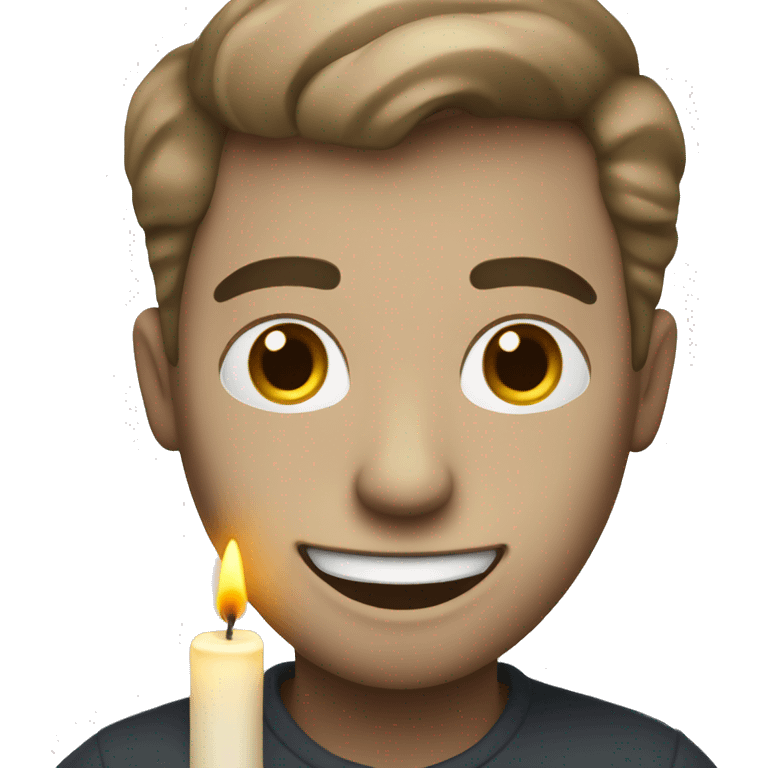 a man with white skin writing a letter and being happy. with a candle in the darkness. emoji