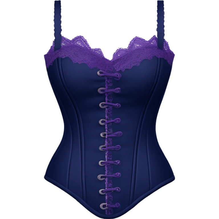 Realistic isolated side view of a navy blue  bustier with purple lace and straps. emoji