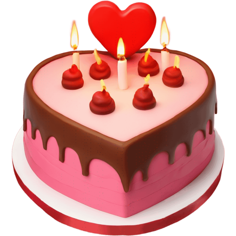 Red heart shaped birthday cake, top view, 4 candles emoji