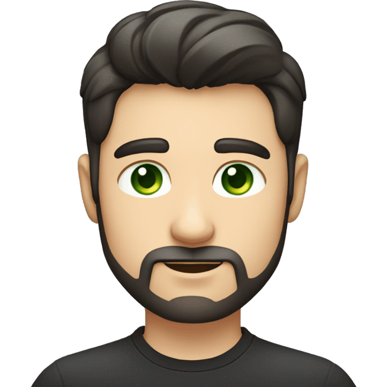 Handsome man with dark hair, gradient short hair on the side, green eyes. Talking and thin face. Black t-shirt. A little beard. emoji