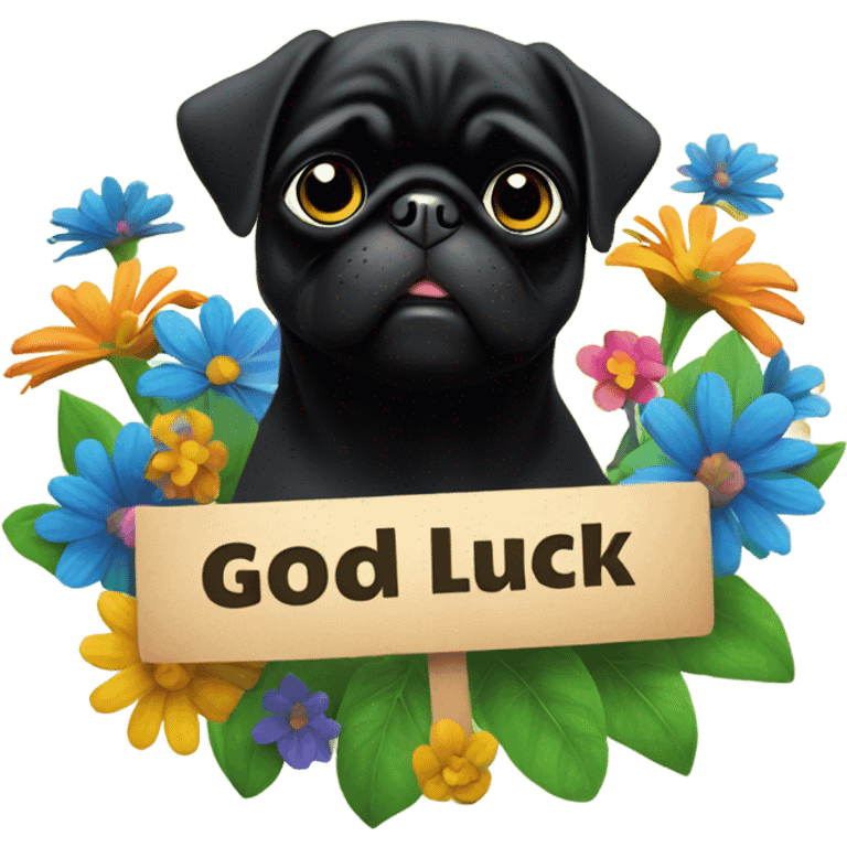 Black pug , surrounded by flowers, holding a green sign that says “good luck”  emoji