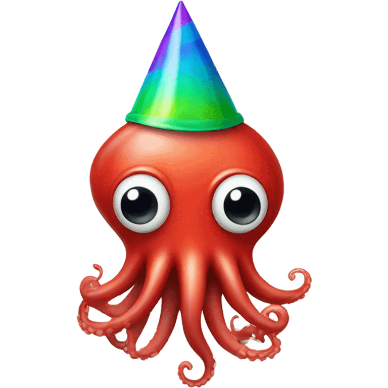 Party squid. Squid is red and similar to the squid emoji but wearing a party hat. emoji