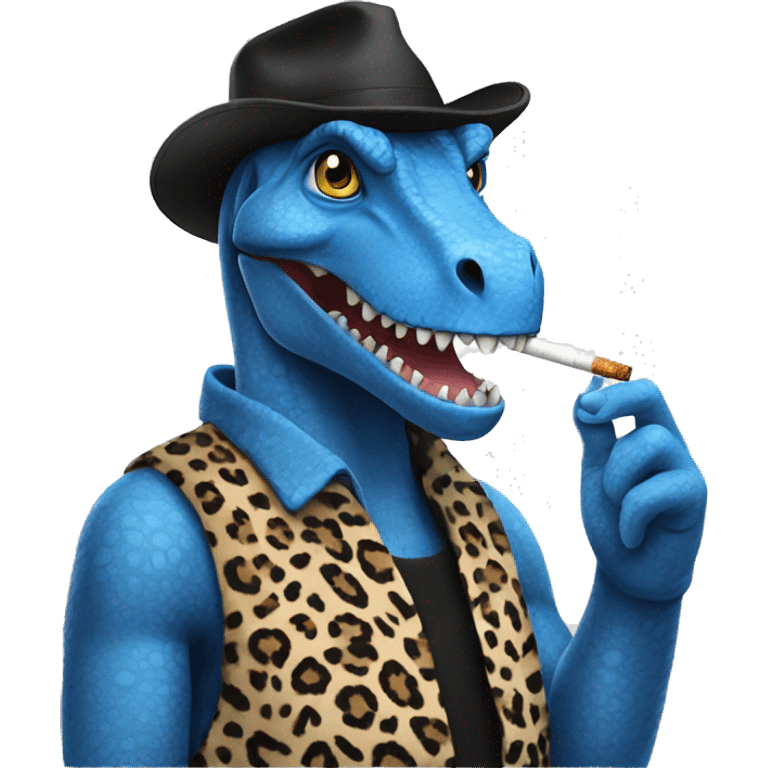 A blue dinosaur, a square hairstyle, smokes a cigarette in a leopard hat emoji