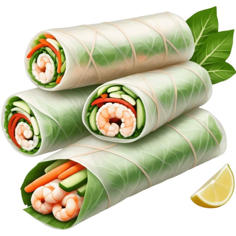 Cinematic Realistic Vietnamese Summer Rolls Dish Emoji, depicted with delicate rice paper wraps filled with fresh vegetables and shrimp rendered with crisp textures and refreshing lighting. emoji