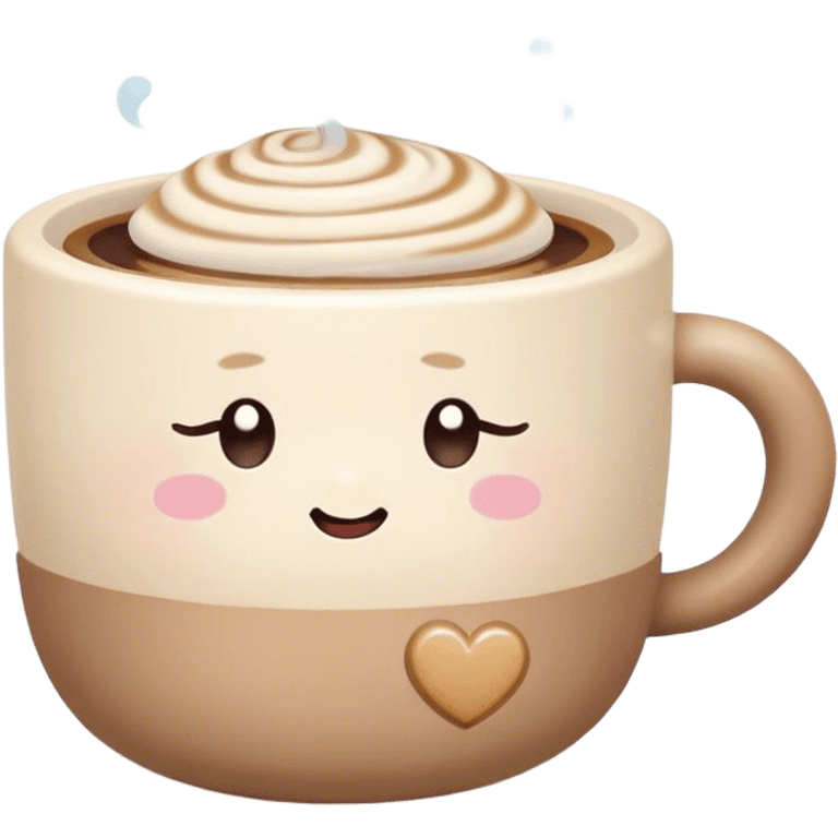 Cute Kawaii Coffee Cup, cozy and warm, a tiny swirl of steam shaped like a heart, round chubby face with a sleepy but content expression, soft pastel brown and cream colors, perfect morning vibes! emoji