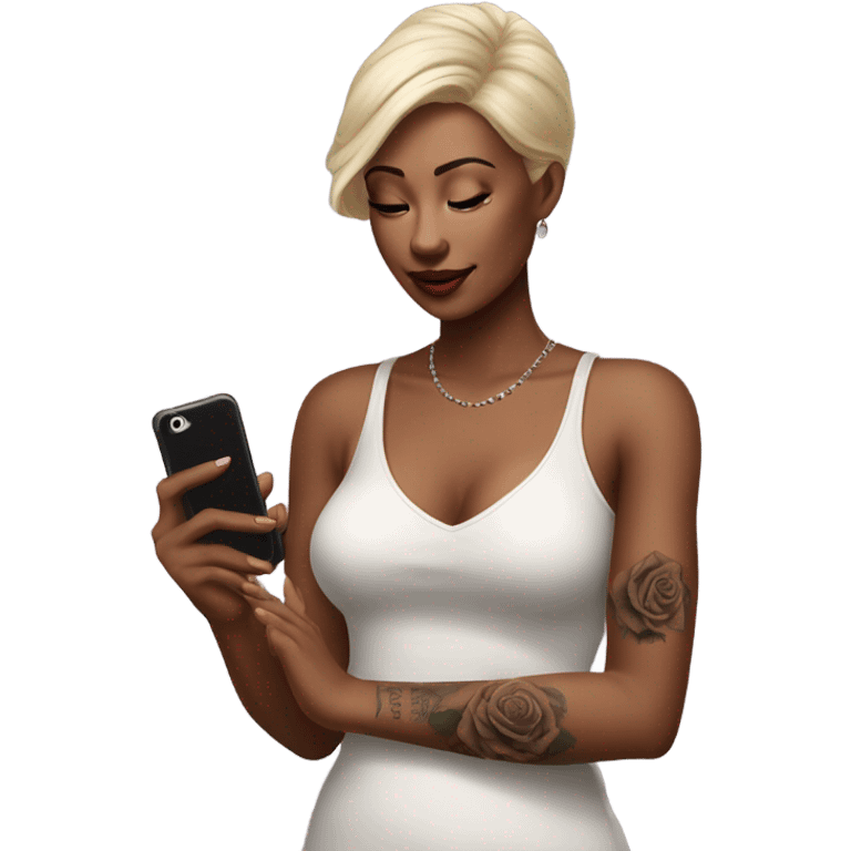 Hyper Realistic beautiful woman model with a small rose tattoo talking on a phone  emoji