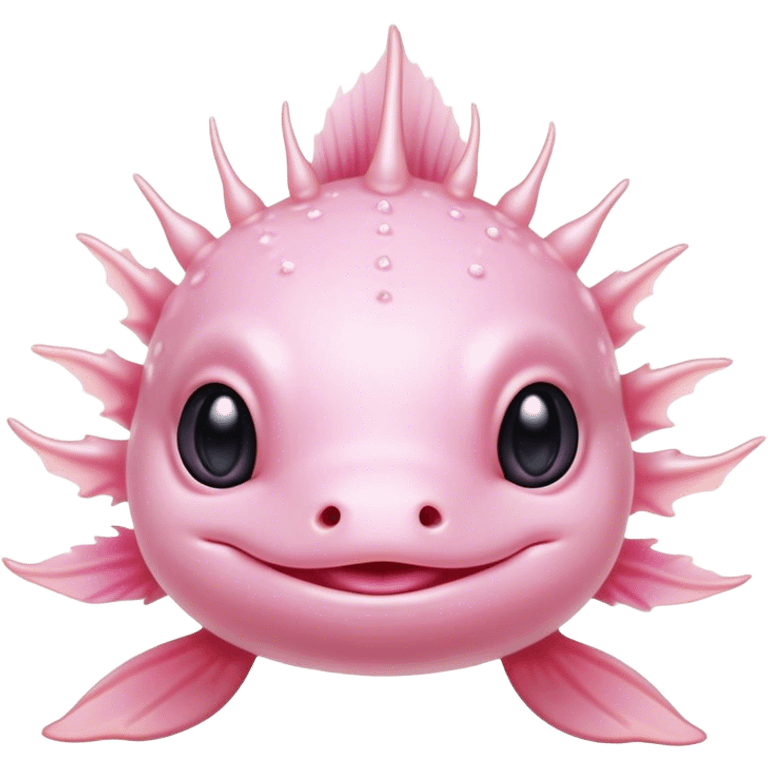 Cinematic Cute Axolotl Portrait Emoji, Head tilted playfully and inquisitively, featuring smooth, pale pink skin with delicate feathery gills and round, sparkling dark eyes filled with curiosity, Simplified yet irresistibly adorable features, highly detailed, glowing with a warm, magical glow, high shine, affectionate and quirky, stylized with a touch of whimsy, bright and endearing, soft glowing outline, capturing the essence of a mischievous yet charming aquatic friend, so playful it feels like it could swim out of the screen and into your heart! emoji