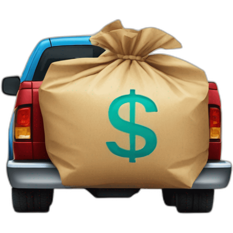 big bag with a dollar sign on it being transported on the back of a pickup truck emoji