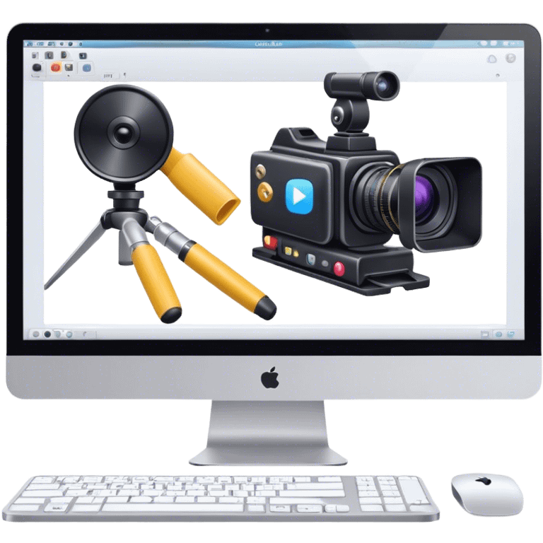 Create an emoji of video editing. Should feature a video editing timeline or interface on a computer screen, showing clips and a playhead. Include a video camera and editing tools. No any smiley faces in emoji. Make the background transparent. emoji