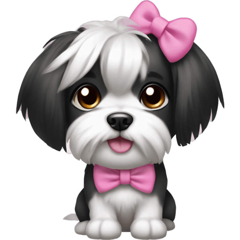 Girl dog shitzu with black and white hair with a side ponytail and a pink bow on her head with her hair sticking up emoji